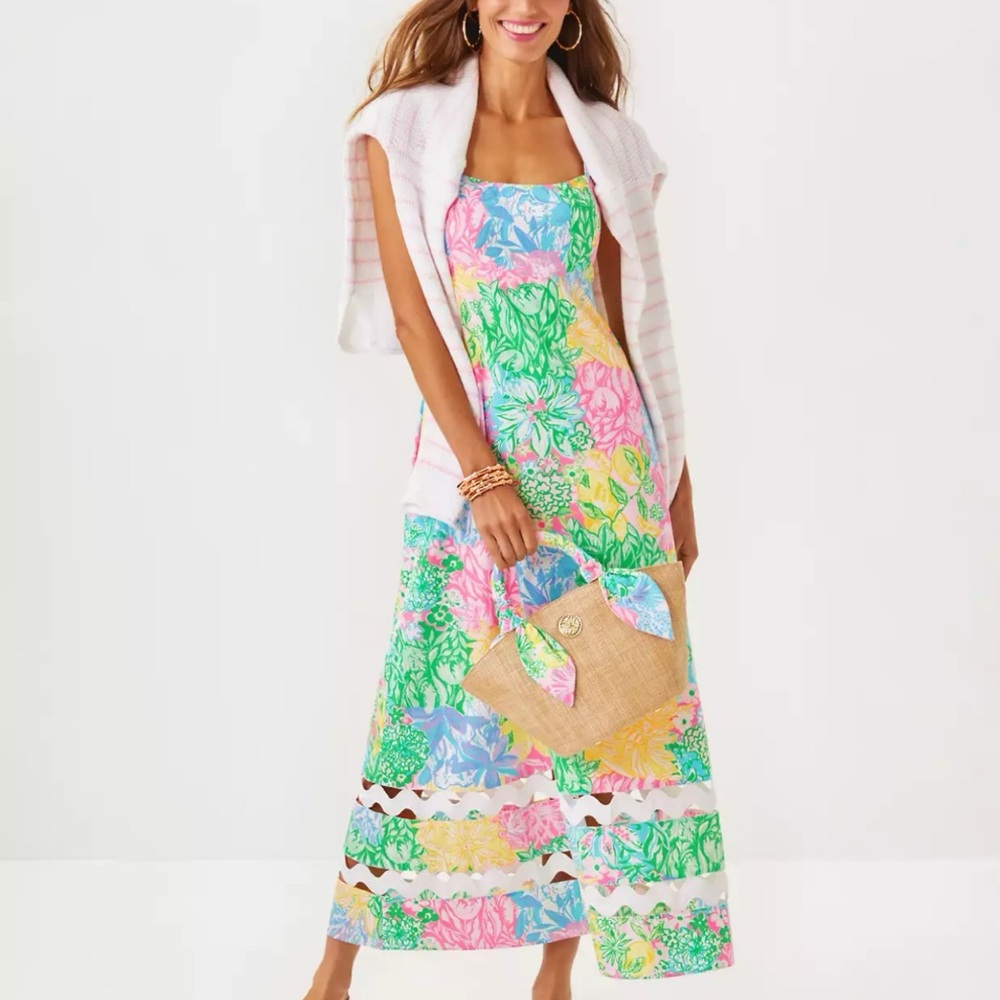 Lilly Pulitzer Haliey Midi Poplin Dress in Bright Delight Patch Print Size 8.